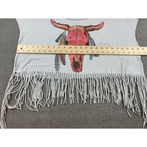 Forever 21 Women M White Western Bull Skull Graphic Fringe Cropped T-Shirt - Picture 6 of 9
